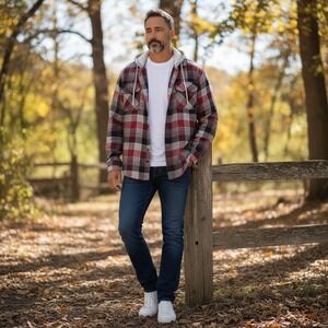 Wrangler Flannel Shirt Jacket Men Large Hooded Plaid Quilted Lined